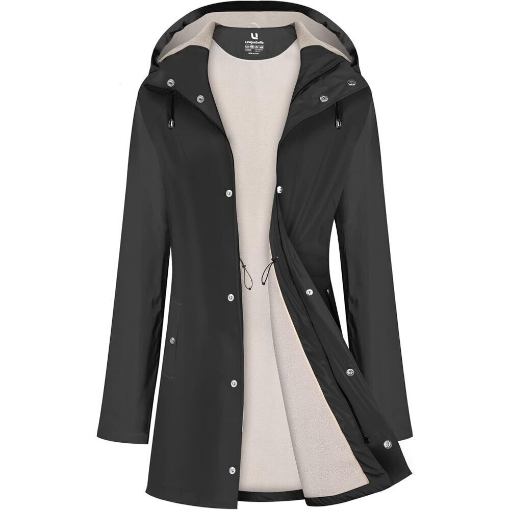 Women Navy Fleece Long Hooded Waterproof Rain Windbreaker Trench Coat Outdoor